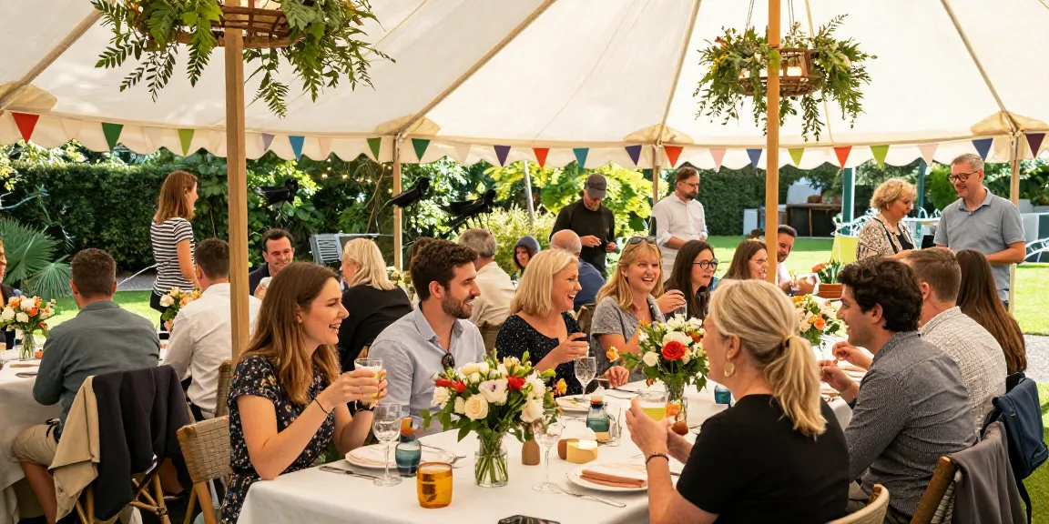 Marquee hire London for an elegant garden party setup, featuring vibrant decor and happy guests.