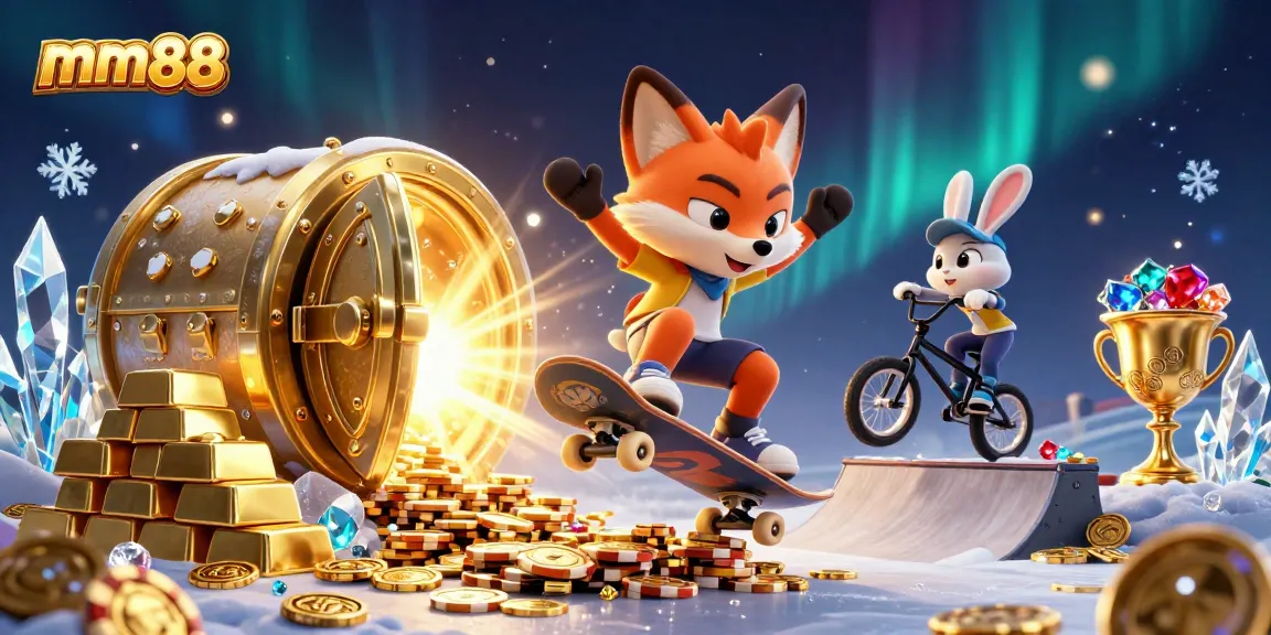 Engage with mm88's thrilling casino adventure featuring a fox and rabbit in a vibrant 3D illustration.