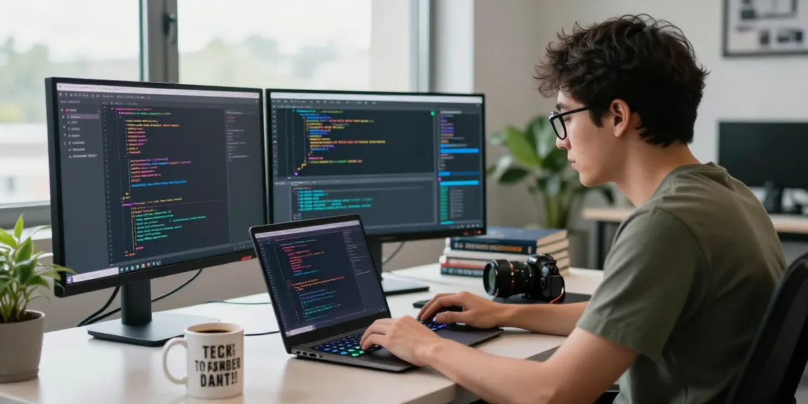 NAGA2000 software development workspace with coder focused on dual monitors and innovative coding.