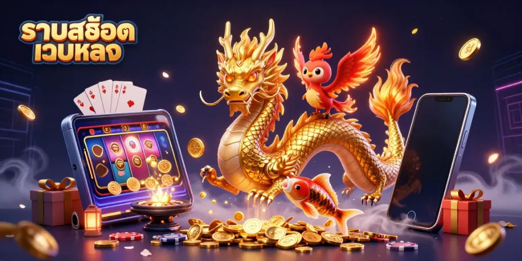 Engage with รวมสล็อตเว็บตรง as a golden dragon creates a vibrant gambling scene full of excitement.