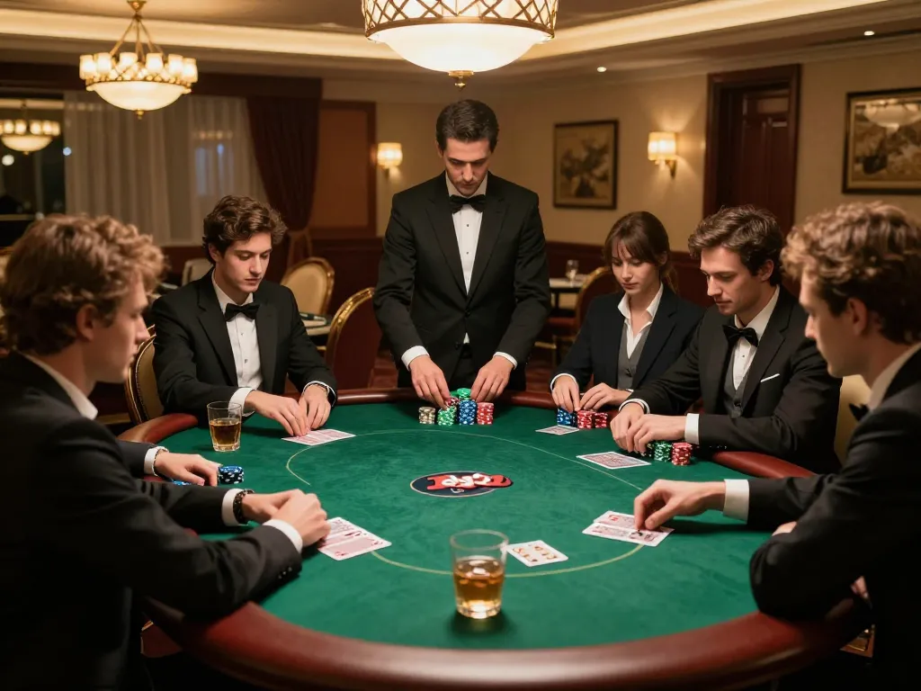 iWin players strategizing at a high-stakes poker table in a luxurious casino.