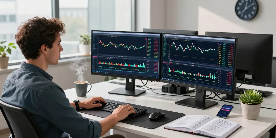 Trader working on MetaTrader 5 platform in a bright office with multiple monitors and charts.