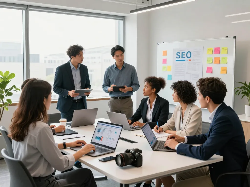 Team strategizing on SEO metrics in a modern office, showcasing NYC SEO Company collaboration.