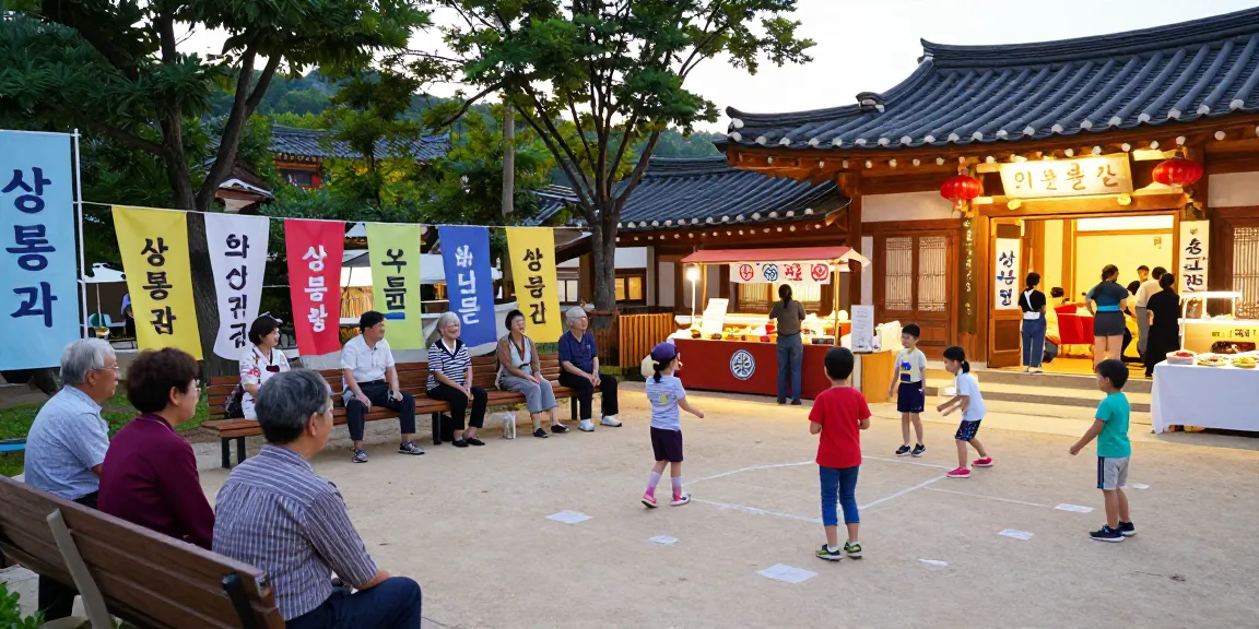 Community engagement at 상봉동 한국관 with families enjoying cultural festivities and delicious street food.