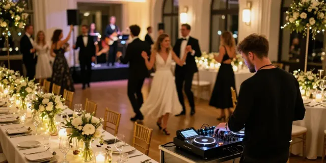 hochzeit DJ berlin brandenburg wedding reception with DJ spinning music and guests dancing