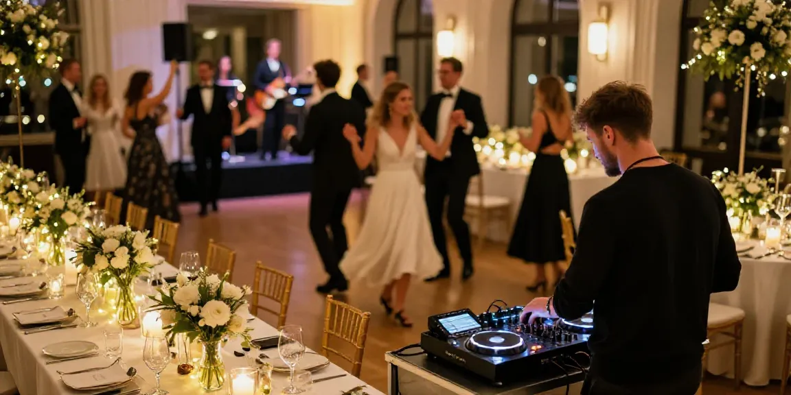 hochzeit DJ berlin brandenburg wedding reception with DJ spinning music and guests dancing