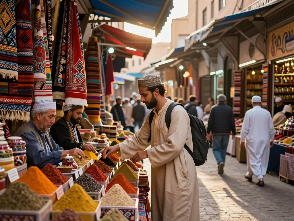Experience a vibrant market scene with a traveler engaging with local vendors at a Morocco tour company.