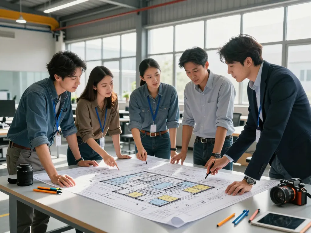 Factory Design Services collaboration scene with architects and engineers analyzing blueprints in a modern workspace.