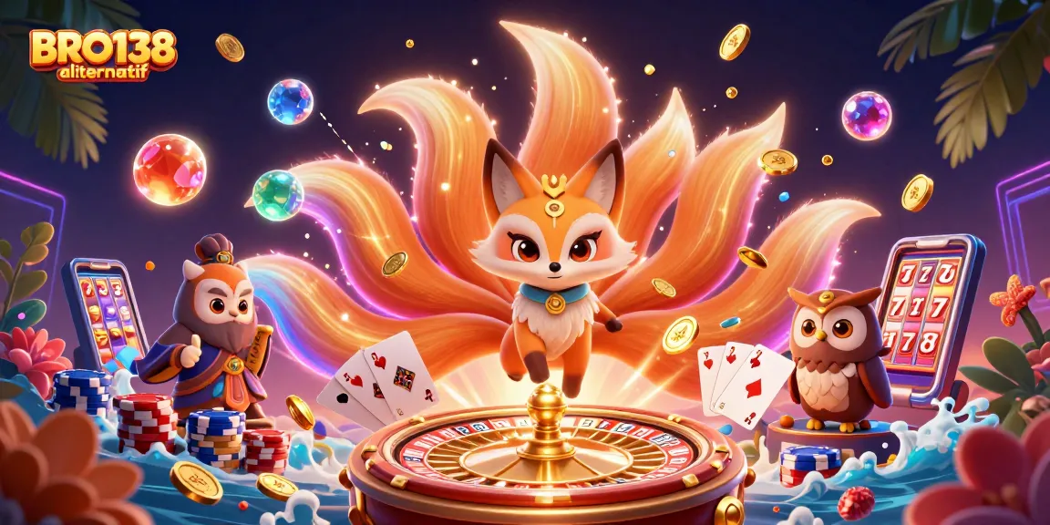 Engage in thrilling gameplay with BRO138 alternatif, exploring vibrant casino elements amid animated characters.