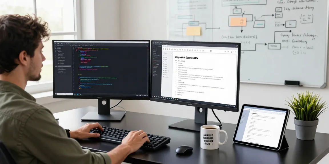 Developer configuring openclaw skills at a modern workspace with dual monitors, coffee, and green plants.