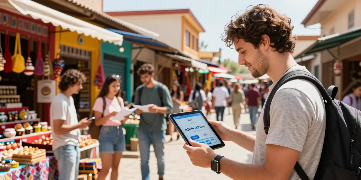 Group comparing bne esim coupons at a vibrant market while traveling.