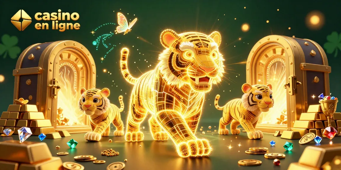 Une scène de casino en ligne captivante avec un tigre en néon s'illuminant, déployant des trésors d'or et des gemmes scintillantes.