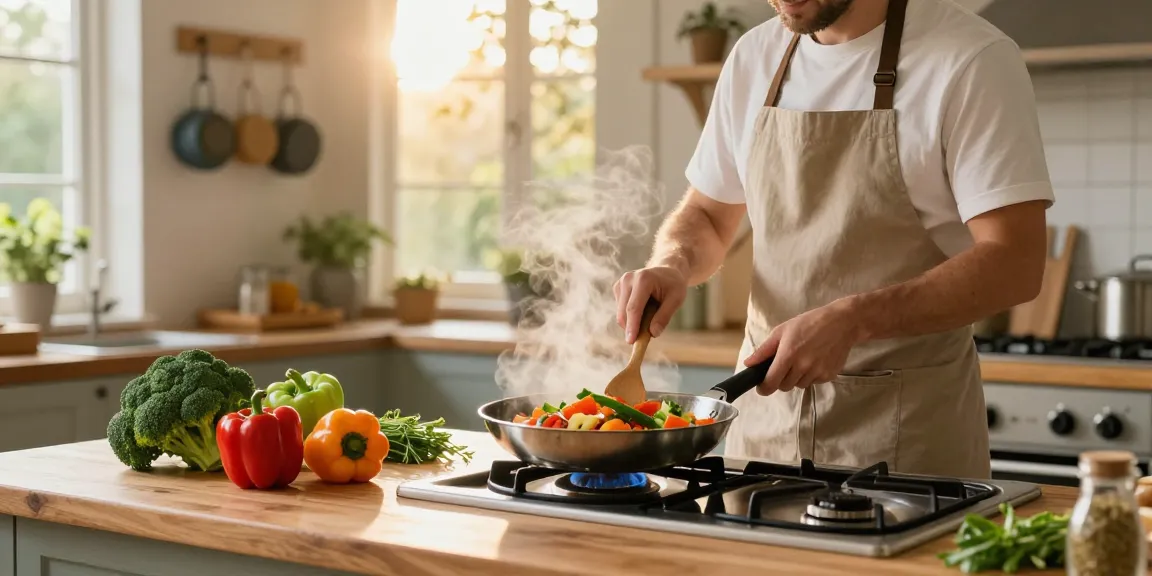 Chef preparing a fresh vegetable stir-fry on this page in a rustic kitchen setting