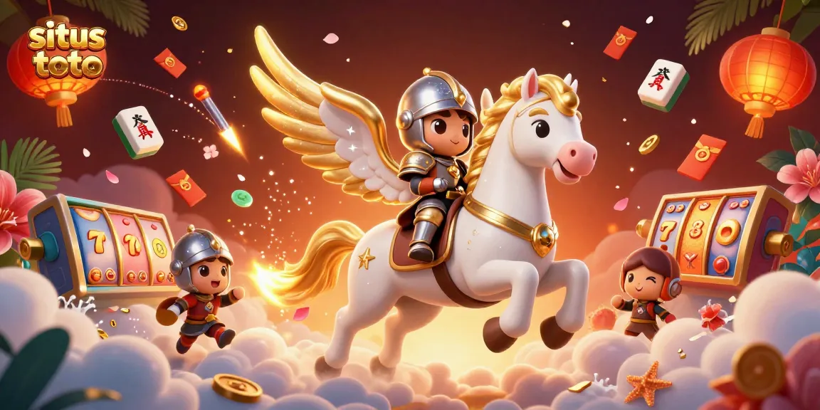 Experience the excitement of situs toto with a vibrant 3D scene featuring a celestial horse, slots, and festive elements.