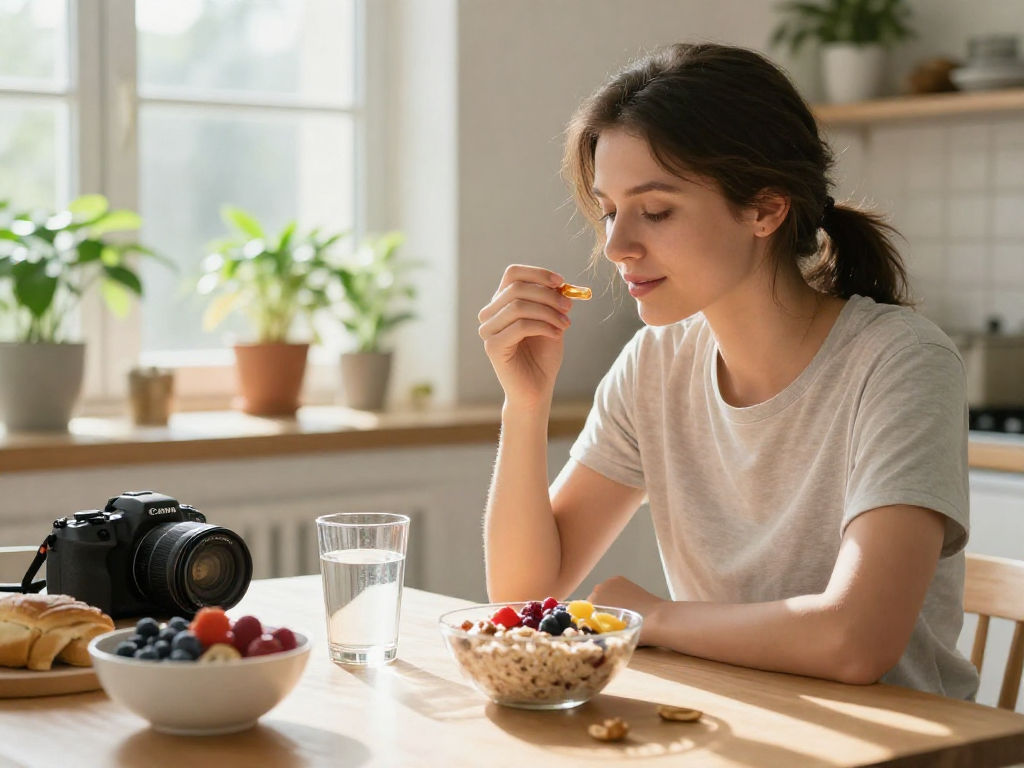 Healthy individual using astaxanthin supplement Canada amidst a vibrant morning routine.
