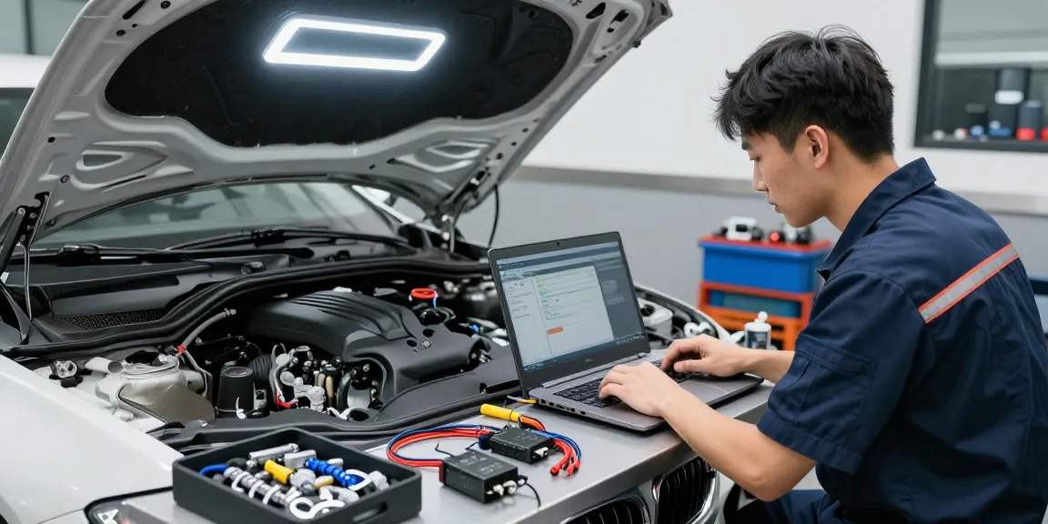 Chiptuning Hannover - Professioneller Techniker optimiert BMW-Motor im Fahrzeug mit leistungsstarken Tuning-Tools