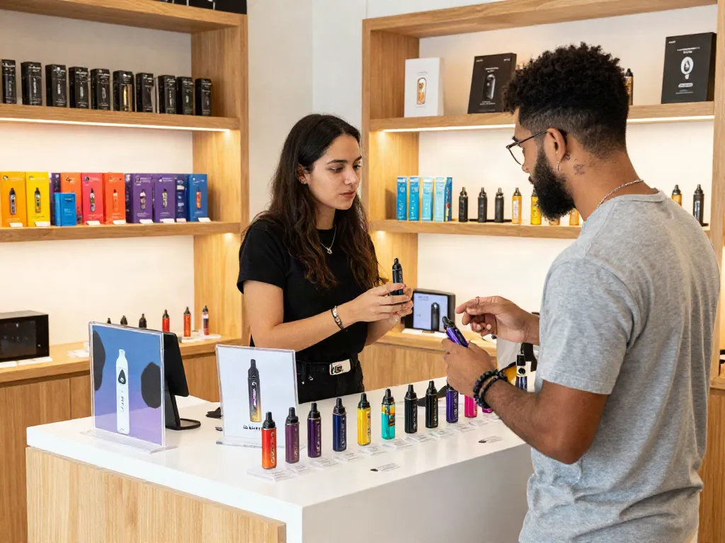 Engaging shopping scene featuring Alien Labs cart with premium vape products on display in a stylish retail setting.