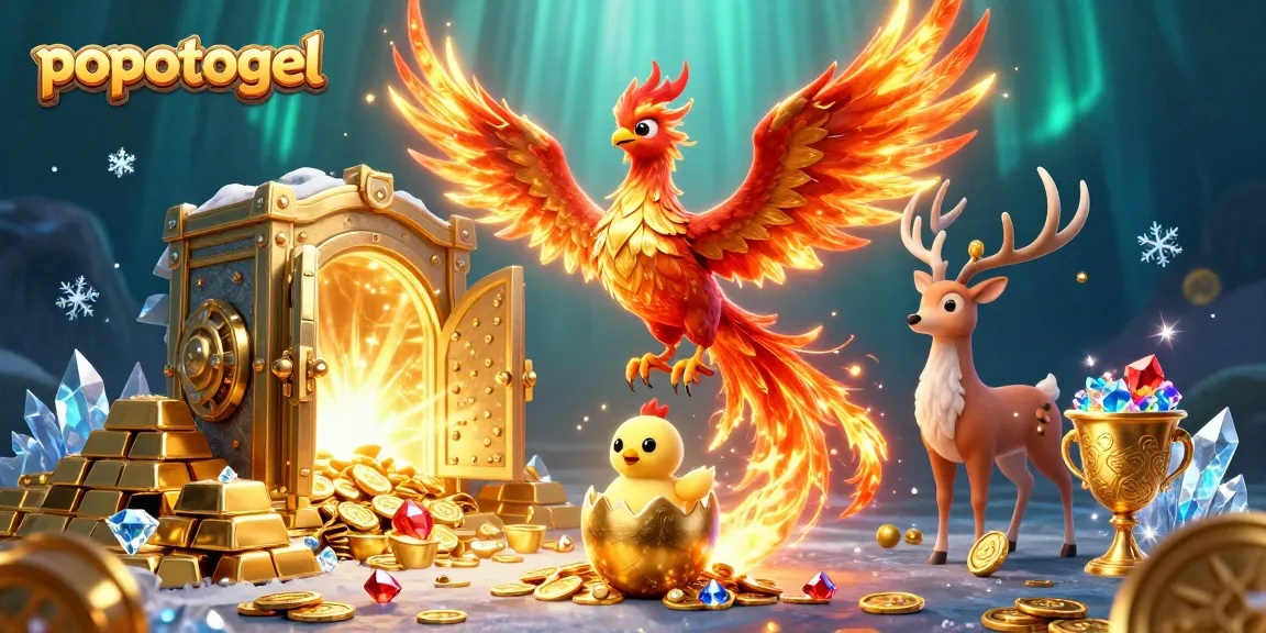 Experience the excitement of popotogel with vibrant phoenixes and treasure in this dynamic illustration.