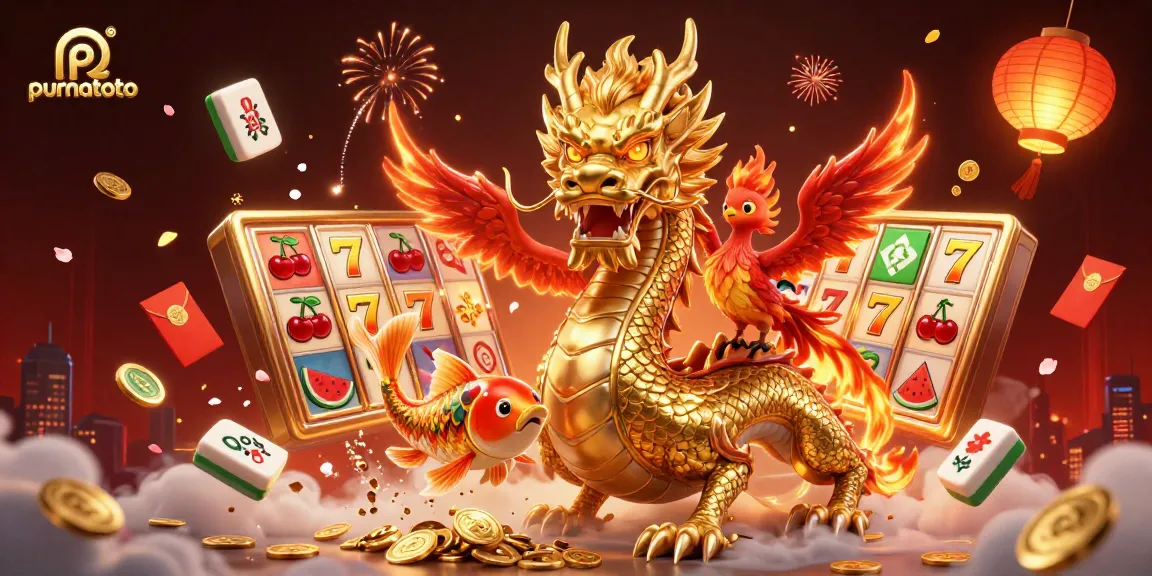 Purnatoto, ilustrasi kasino dengan naga emas dan burung phoenix di atas slot mesin, menyebarkan koin beruntung.