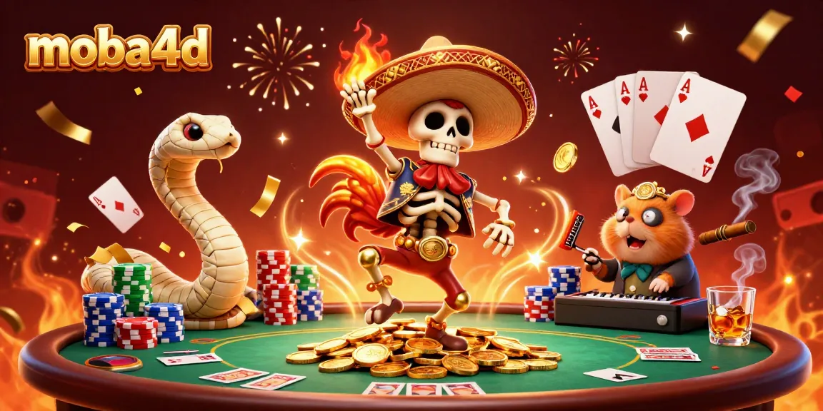 Experience the excitement of moba4d's online casino with a vibrant victory dance scene featuring festive characters.
