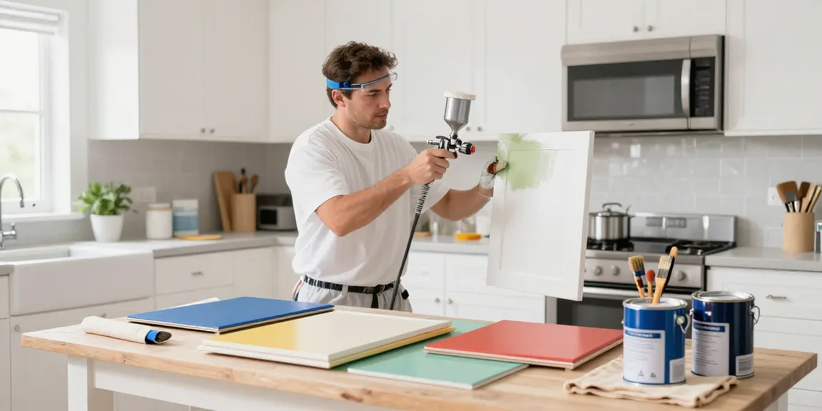 Cabinet painters Davidson County TN working on kitchen cabinet doors, showcasing vibrant colors and professional craftsmanship.