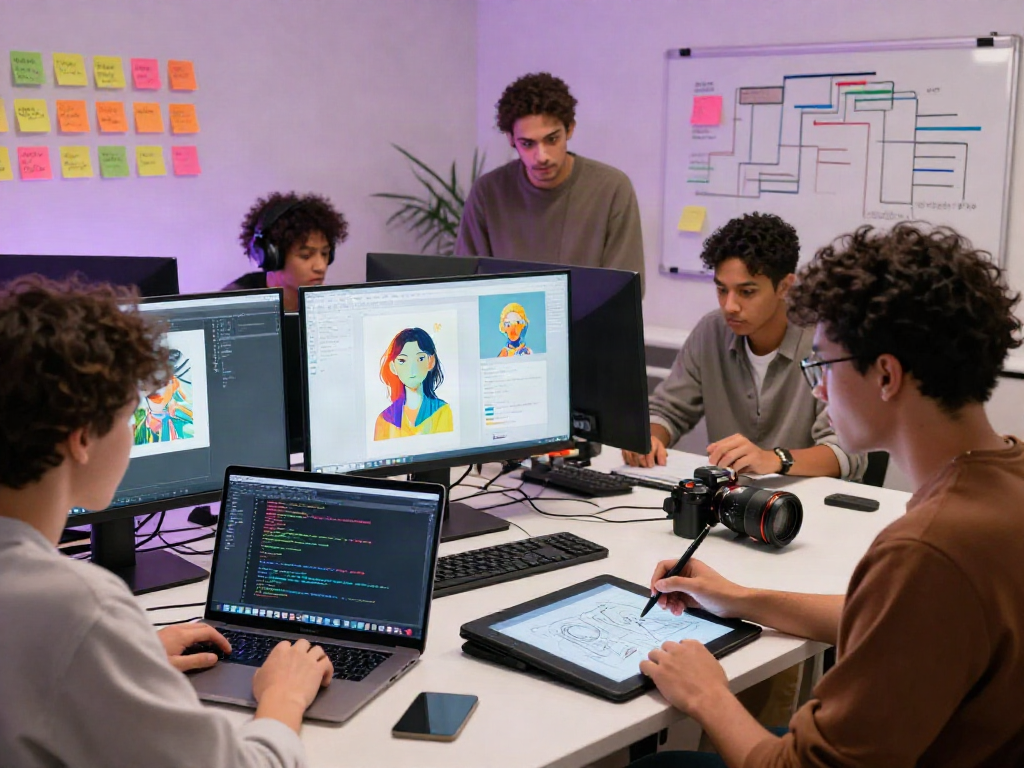 Creative digital art studio with diverse individuals using AI tools, featuring 18+ ai applications in a collaborative workspace.