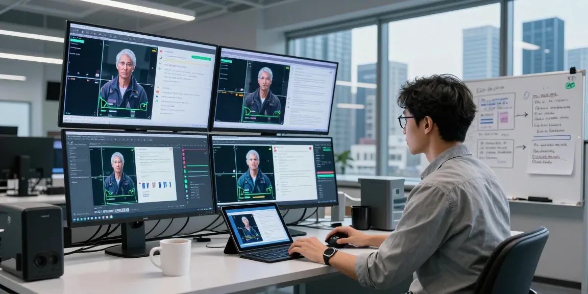 AI expert analyzing data to detect AI images in a modern lab setting.