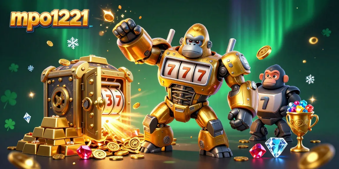 MPO1221 transforms the gaming world with a golden gorilla mech, bursting with coins and gems in a vibrant casino scene.