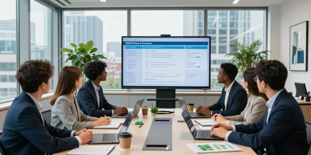 Consultants discussing ESOS Phase 4 compliance strategies in a modern office setting.