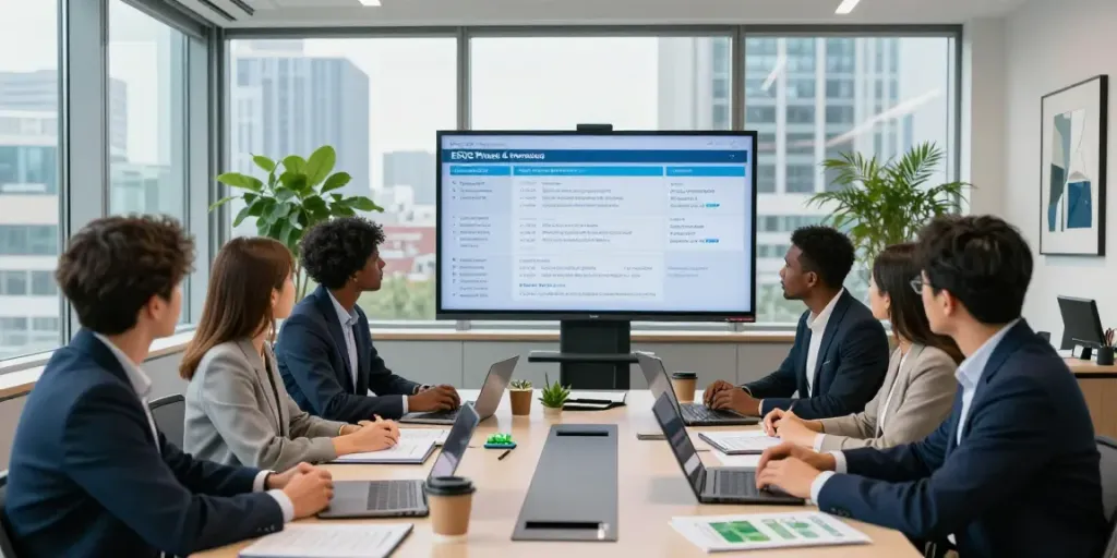 Consultants discussing ESOS Phase 4 compliance strategies in a modern office setting.