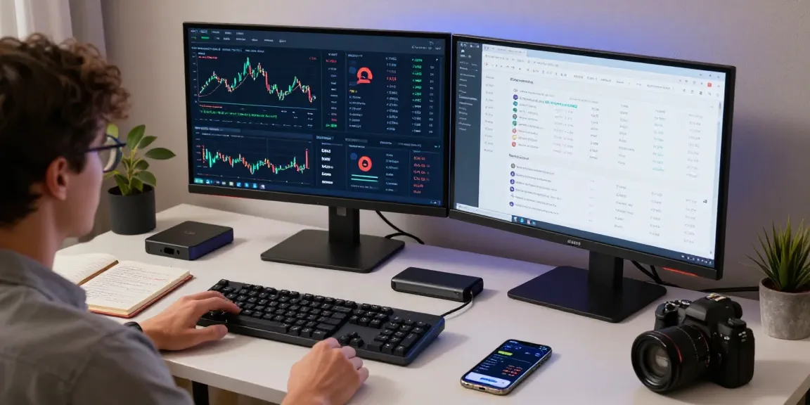 Monitor showing spy stock price indicators in a cryptocurrency trading workspace with secure wallet tools.