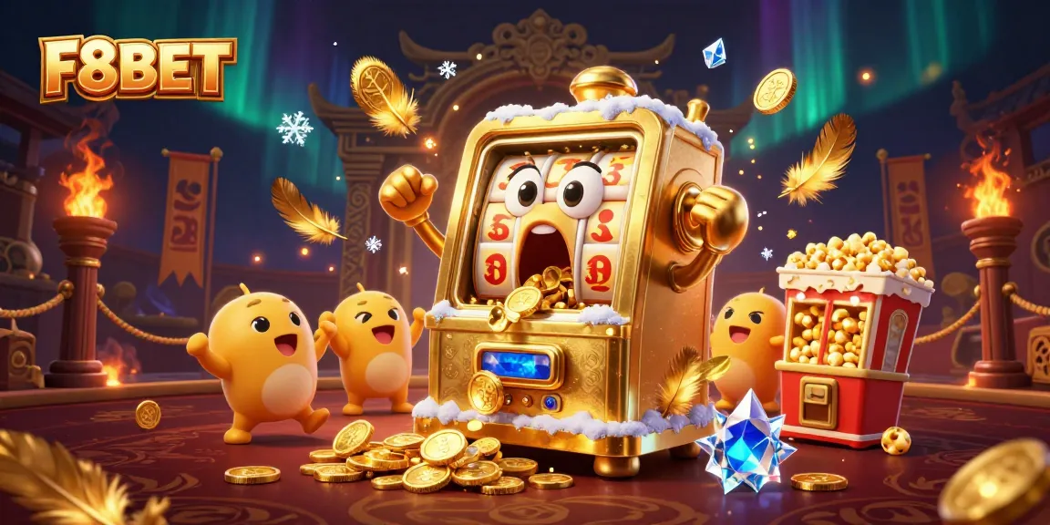 Experience the excitement at F8BET with a vibrant scene of golden slot machines and joyous winnings.