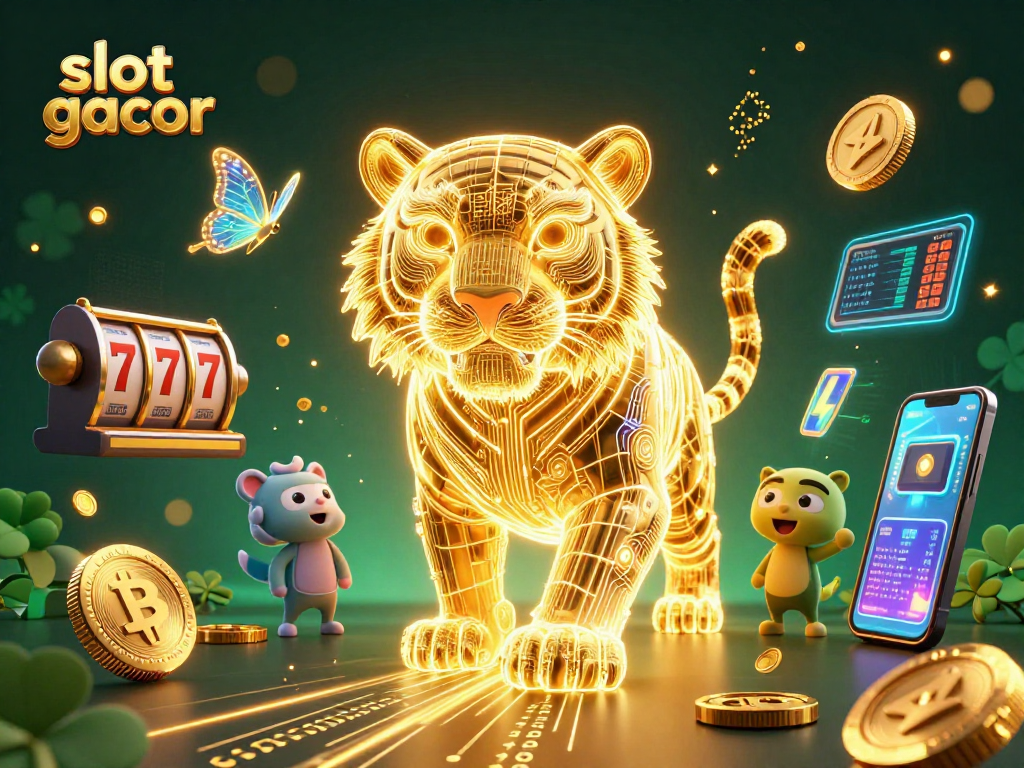 Experience thrilling slot gacor gameplay with a neon-wireframe tiger in a dynamic digital casino.