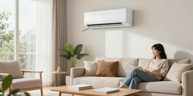 Comfortable living room with a modern 12000 BTU mini split air conditioning unit and a couple enjoying their time.