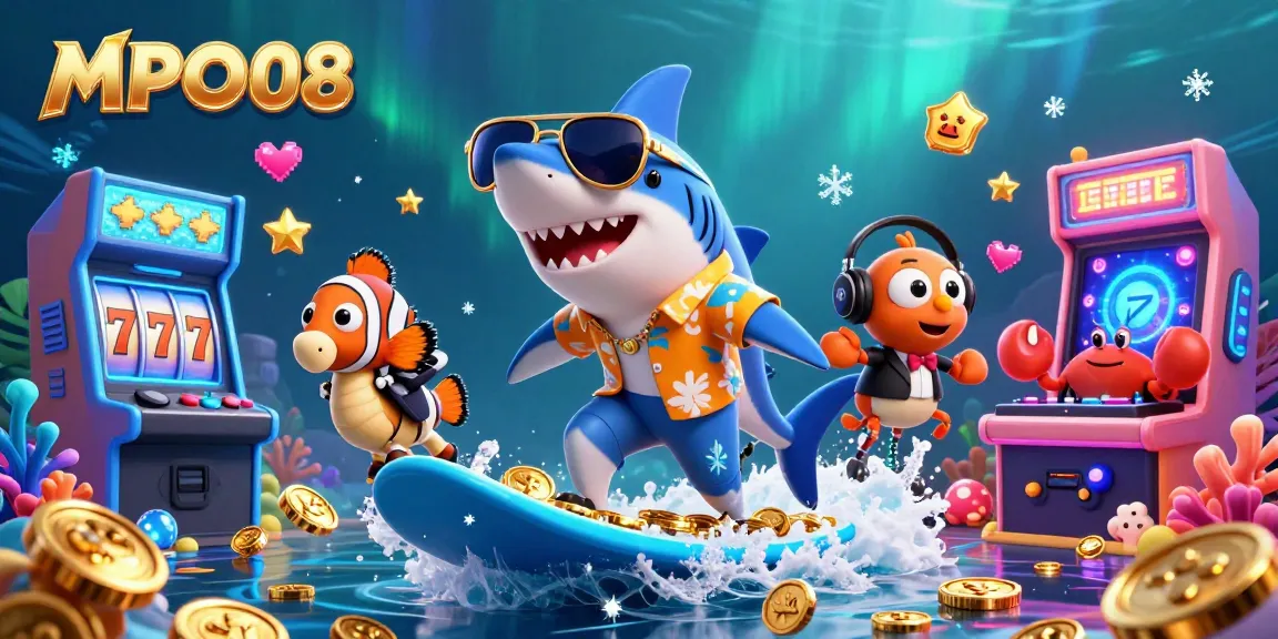 MPO08 interactive gaming scene featuring a shark, clownfish, and crab in a vibrant casino setting.