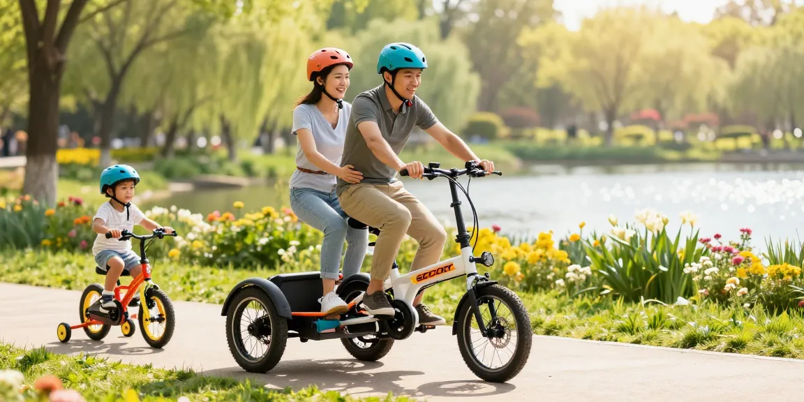 Adults riding the best electric tricycles in a scenic park with kids tricycles nearby.