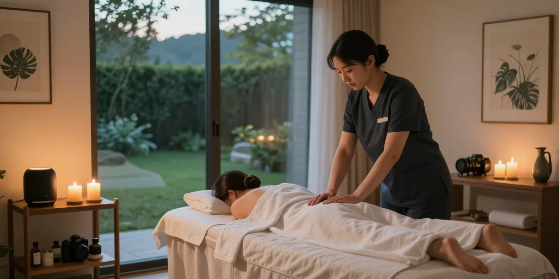 의정부출장마사지 setup with tranquil massage space, candles, and essential oils to promote relaxation.