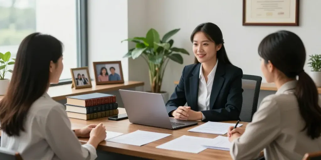 Free immigration lawyer consultation with a supportive attorney in a modern office.