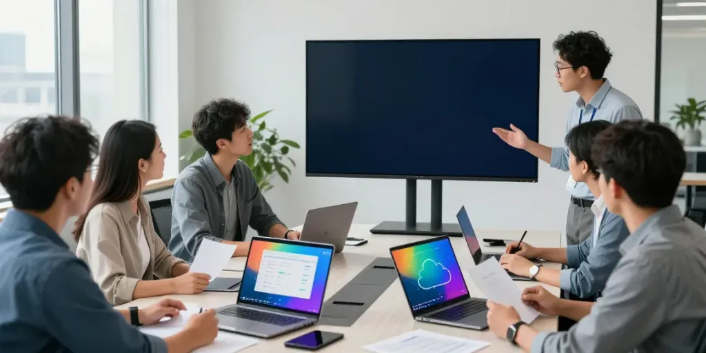 Team of IT professionals collaborating on microsoft azure cloud managed services in a modern office.