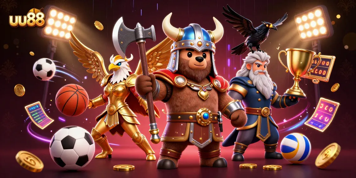 Experience thrilling betting action with uu88's Viking berserker and Valkyrie eagle amidst dynamic sports elements.