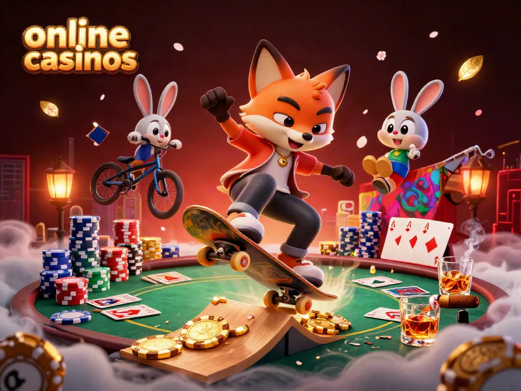 Experience thrilling online casinos with a skateboarder fox and BMX rabbit in an action-packed illustration.