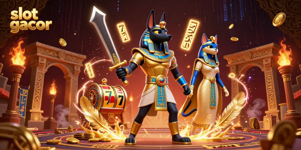 Engage with the dynamic slot gacor world featuring an illustration of Anubis and Bastet in an exciting casino atmosphere.