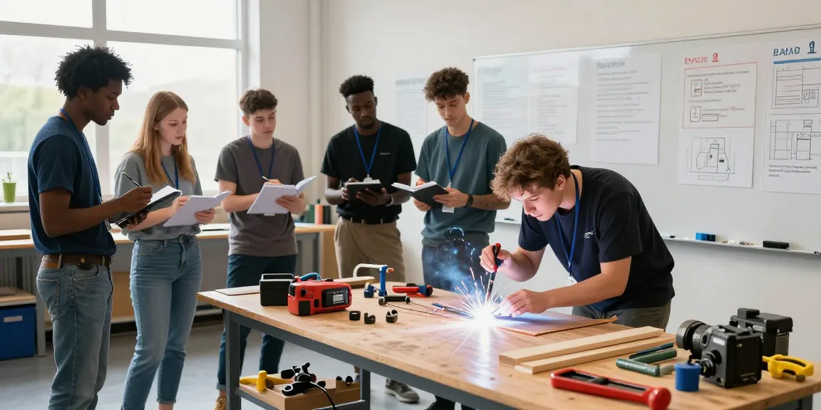 Vocational training UK with students learning hands-on skills in a technical workshop.