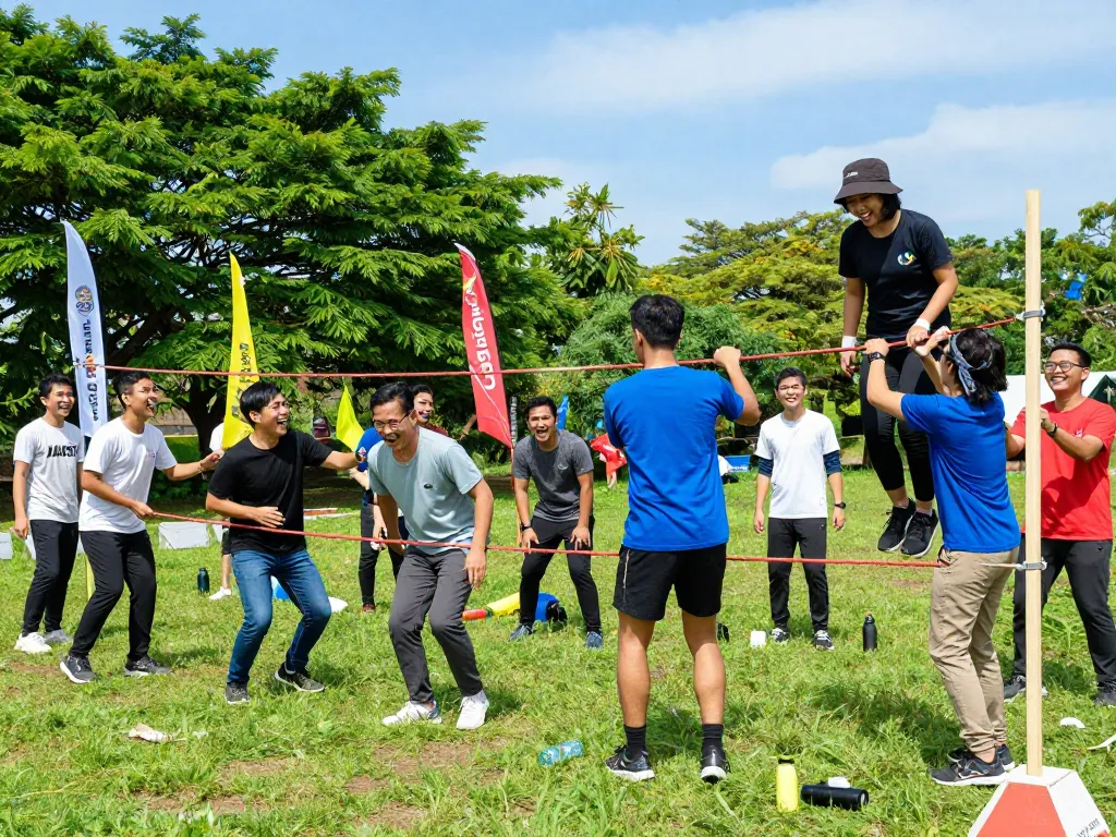 Aktivitas Team Building Jogja yang menarik dengan berbagai peserta yang terlibat dalam kursus rintangan luar ruangan.