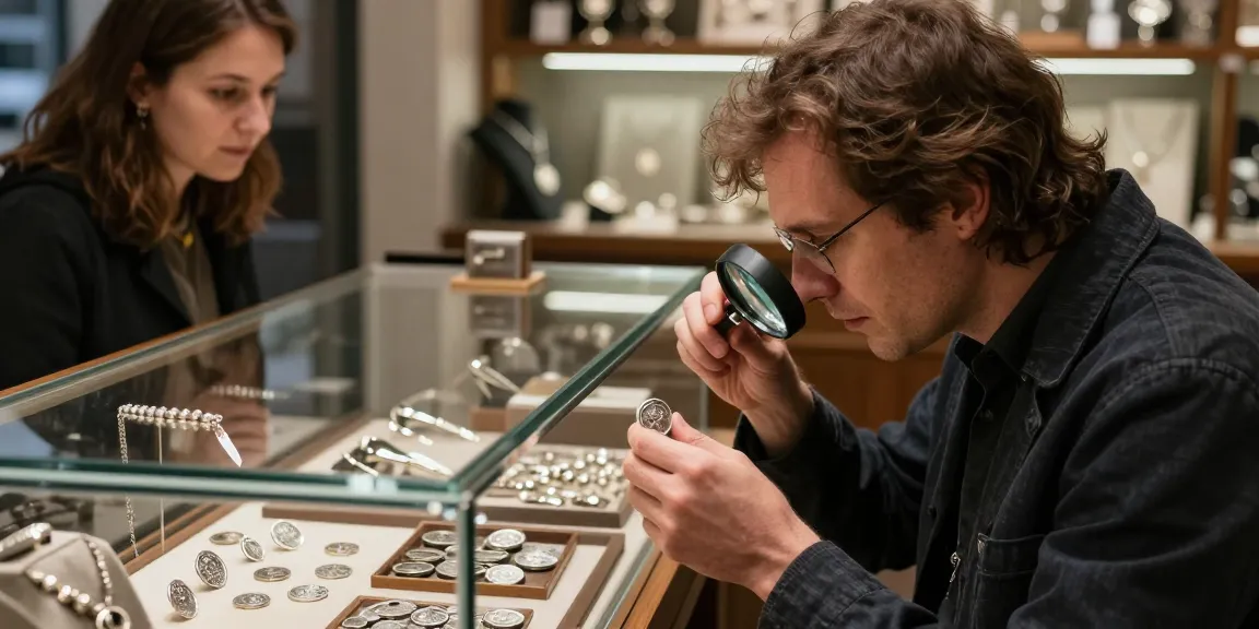Achat argent Bruxelles : expert évaluant une pièce de monnaie en argent dans un magasin de bijoux moderne à Bruxelles.