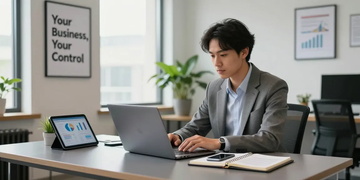 Self-employed consultant working in a bright office, laptop and planning tools visible.