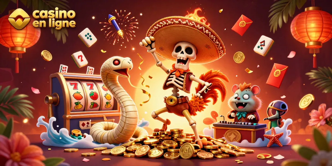 Illustration dynamique de casino en ligne avec un coq et des éléments de jeu en 3D.