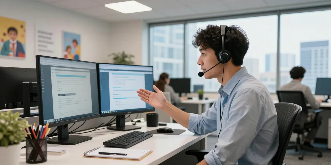 Telus-Technical-Support agent assisting customers in a professional office setting, showcasing dynamic support interaction.