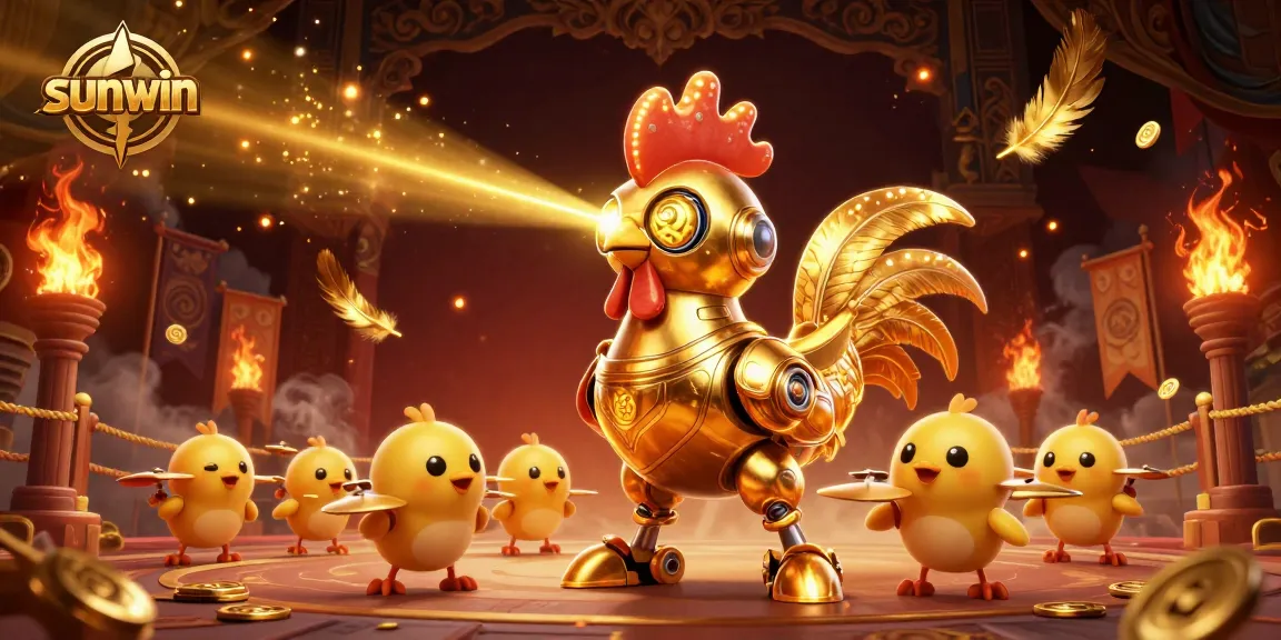 Experience the thrilling action of sunwin with dynamic golden rooster robot and baby chick drones in a vibrant casino setting.