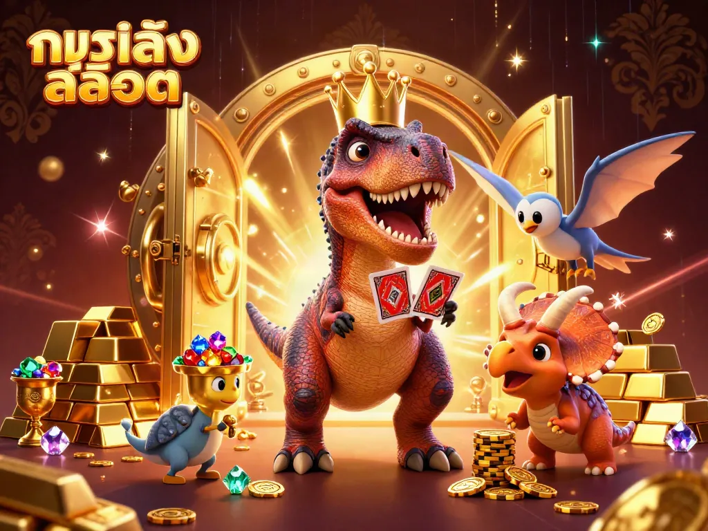 ทดลองเล่นสล็อต: การ์ตูน 3D ของ ทีเร็กซ์ที่ถือไพ่และเพื่อนช่วยกันเล่นคาสิโน